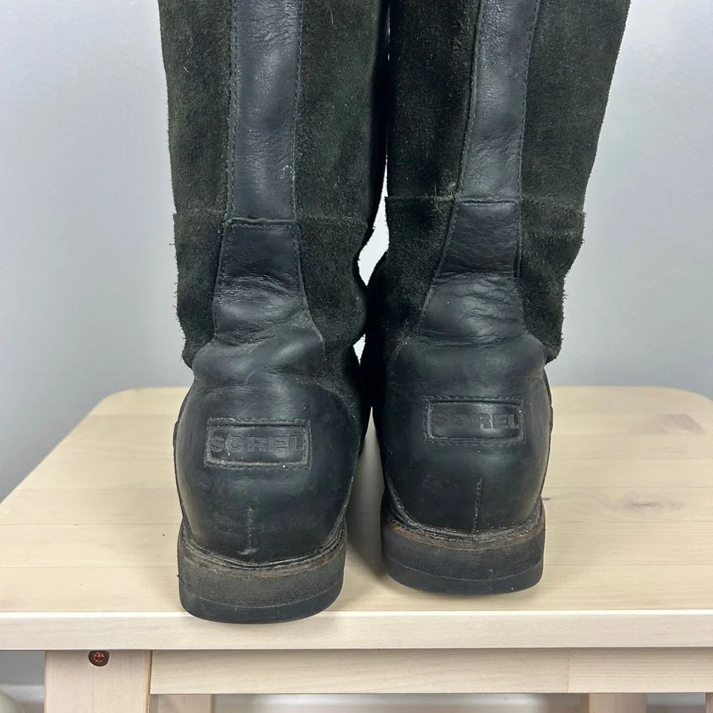 SOREL Wicked‎ Work Boot Tall Size 8 Leather Suede Black Green Winter Waterproof - Picture 2 of 7